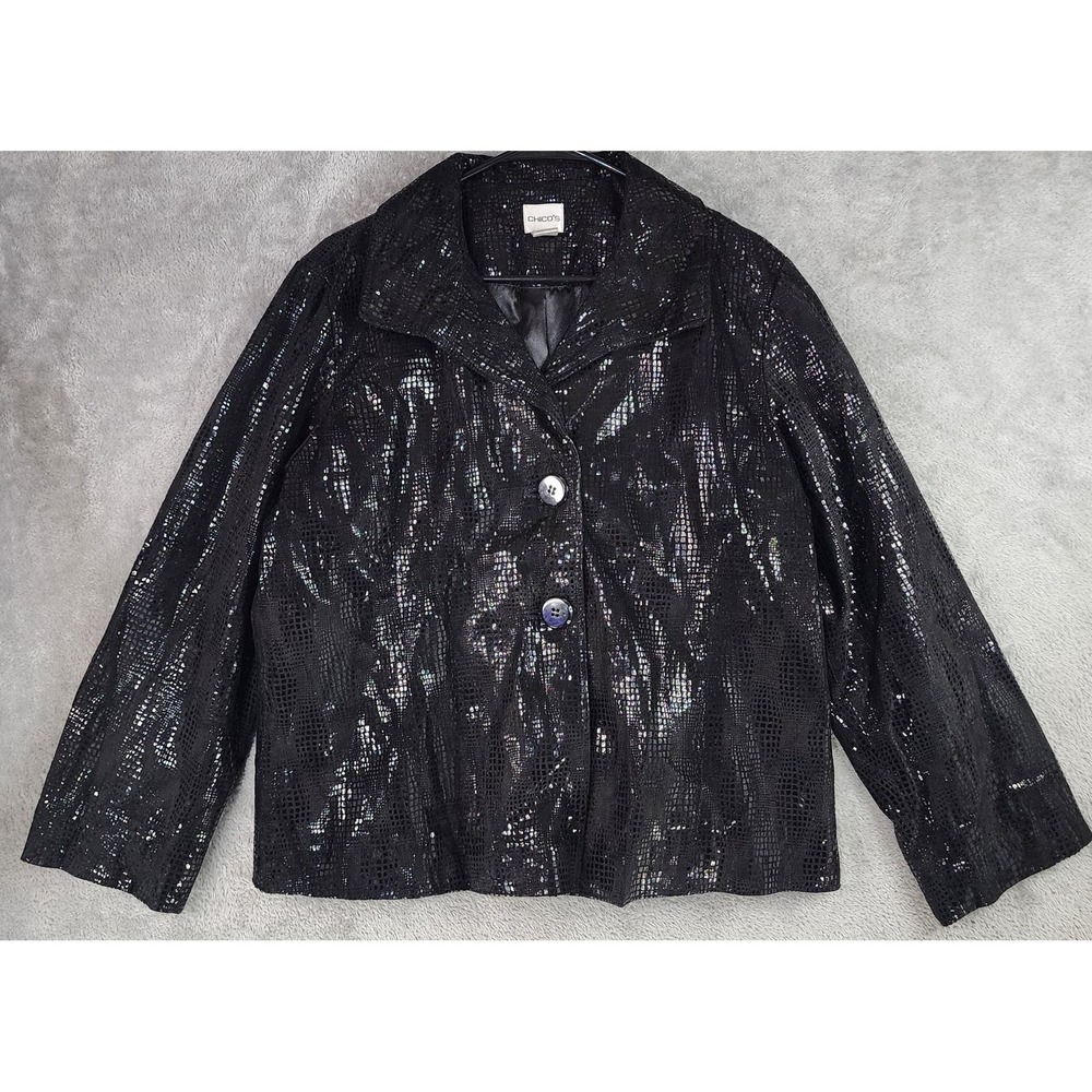 Chicos Leather Jacket Womens Size 3 Black Retro Faux Snakeskin Shiny Coated